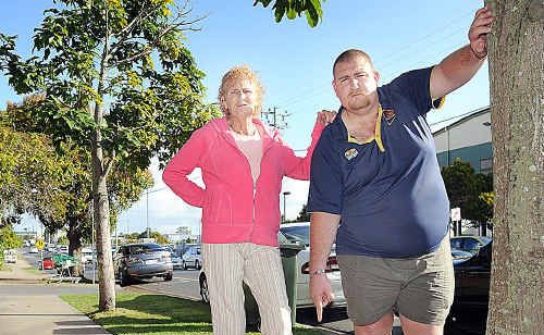 David Strang and his mother Rosalie at the footpath in Hunter St, Pialba. David Strang and his mother Rosalie at the footpath in Hunter St, Pialba.